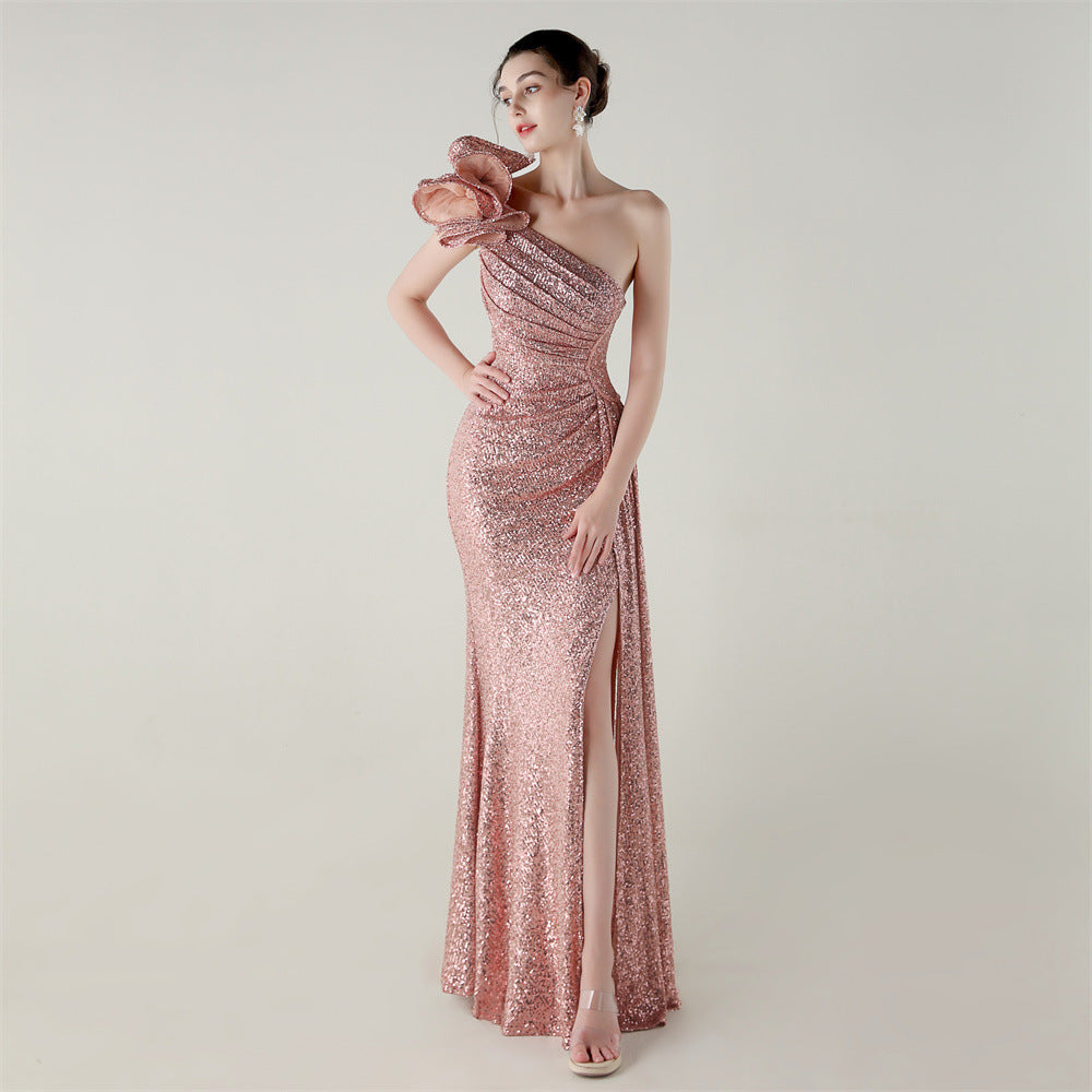 Women one-shoulder sequined flower beaded fishtail evening dress 15
