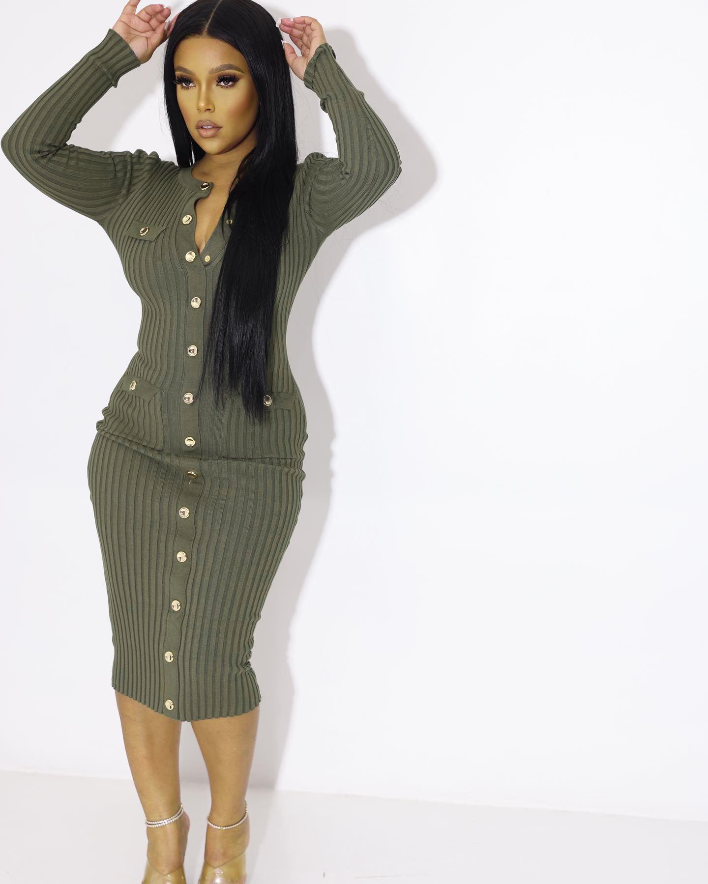 Ribbed Button Pocket Tight Fitting Stretch Dress 6