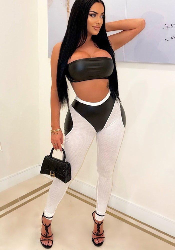 Women Sexy Colorblock Pu Leather Patchwork Strapless Top and Pants Two-Piece Set