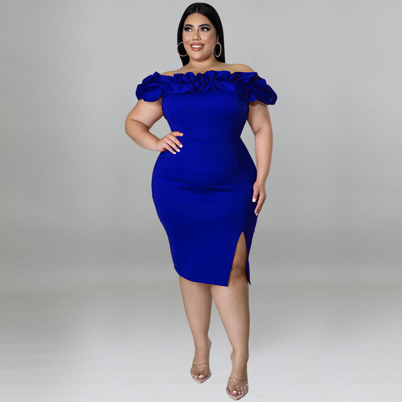 Fashion Plus Size Women's Summer Sexy Off Shoulder Ruffled Slit Bodycon Dress 3