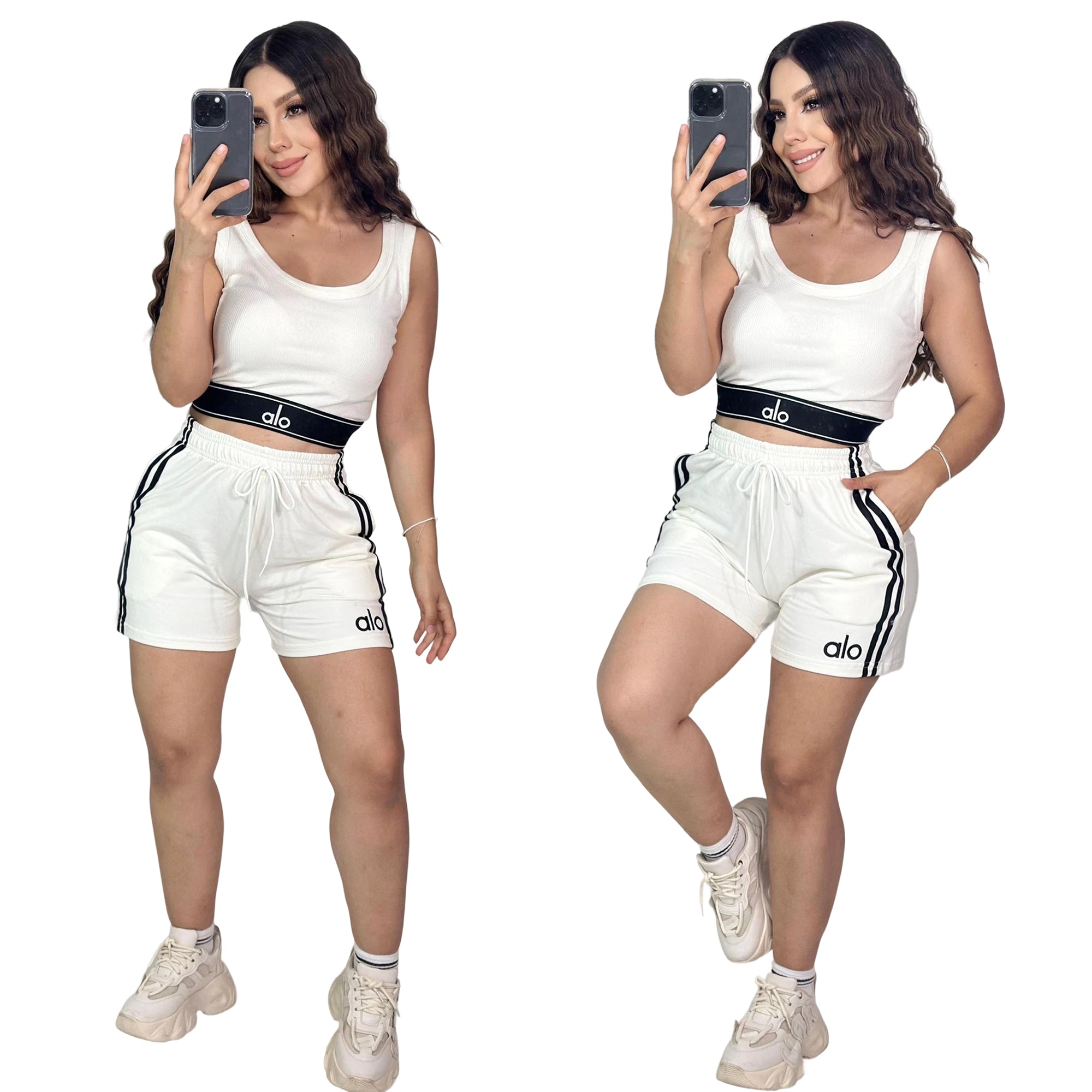Women summer Solid embroidery Round Neck Sleeveless Vest Shorts Two-Piece Set 4
