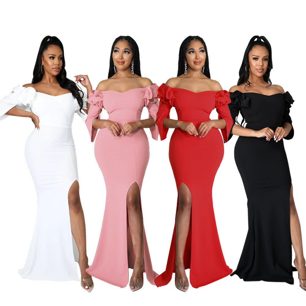 Ruffle Edge Off Shoulder Slim Fit Sexy Slit Women's Dress
