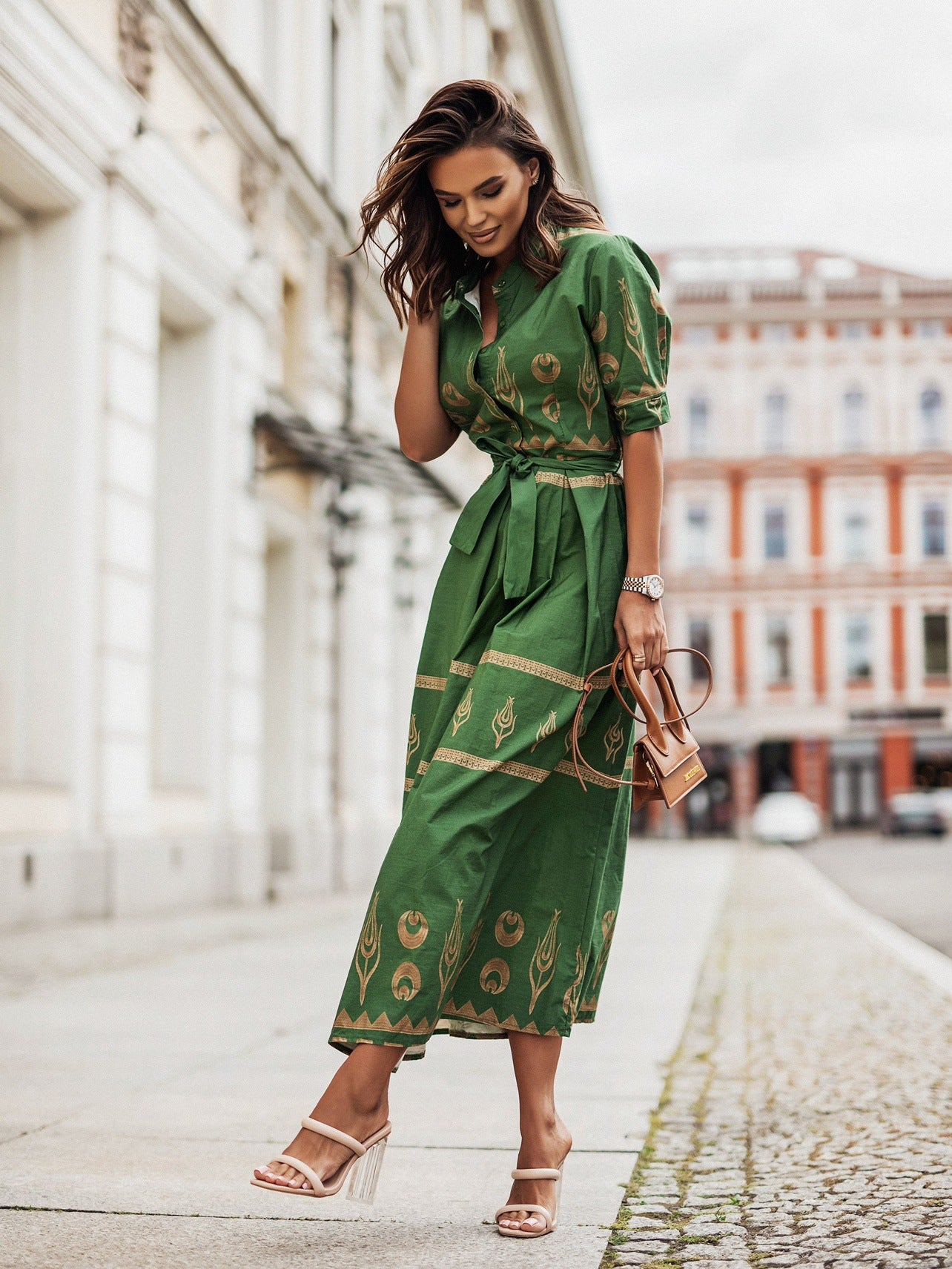 Women Printed Button Belt Shirt Dress 10