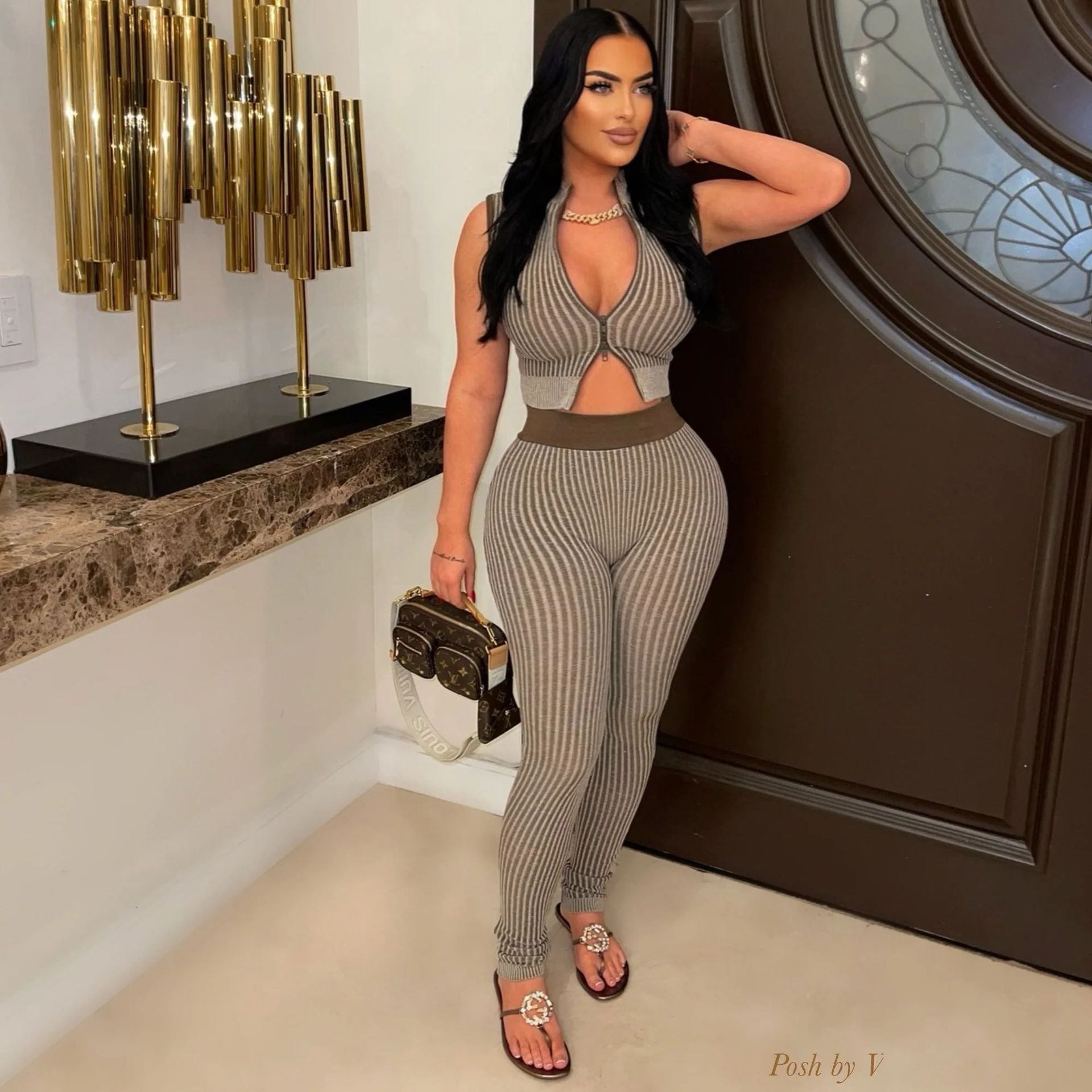 Women's Casual Sexy Knitting sleeveless Crop top High Waist Pants Two-piece Set 3