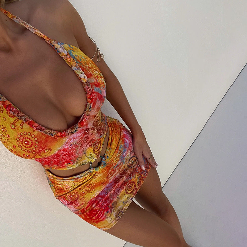 Women summer sexy printed hollow Halter Neck Bodycon dress 4