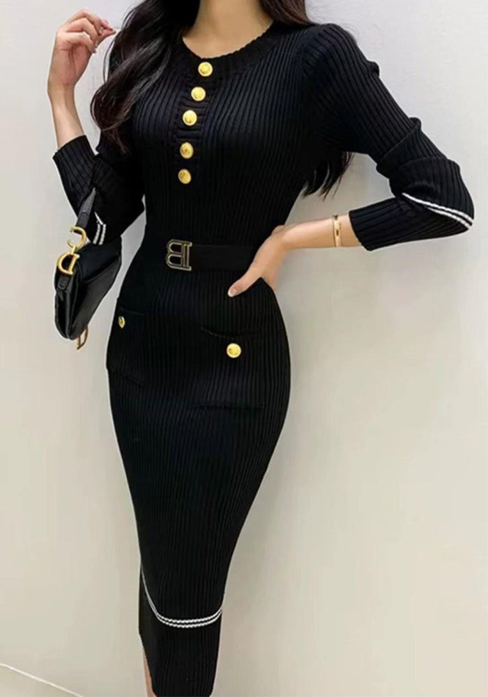 Women Fall/Winter Round Neck Knitting Belted Bodycon Sweater Dress