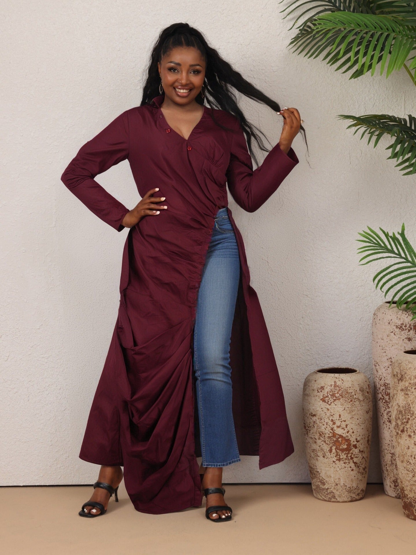 Women sexy V Neck long sleeve pleated Casual dress 5