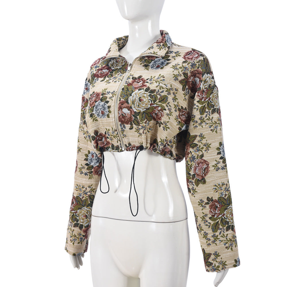 Autumn Crop Drawstring Flower Jacquard Long-Sleeved Women Jacket 8