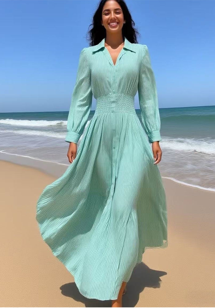 Striped Turndown Collar Long-Sleeve Button Slim Waist A-Line Gown