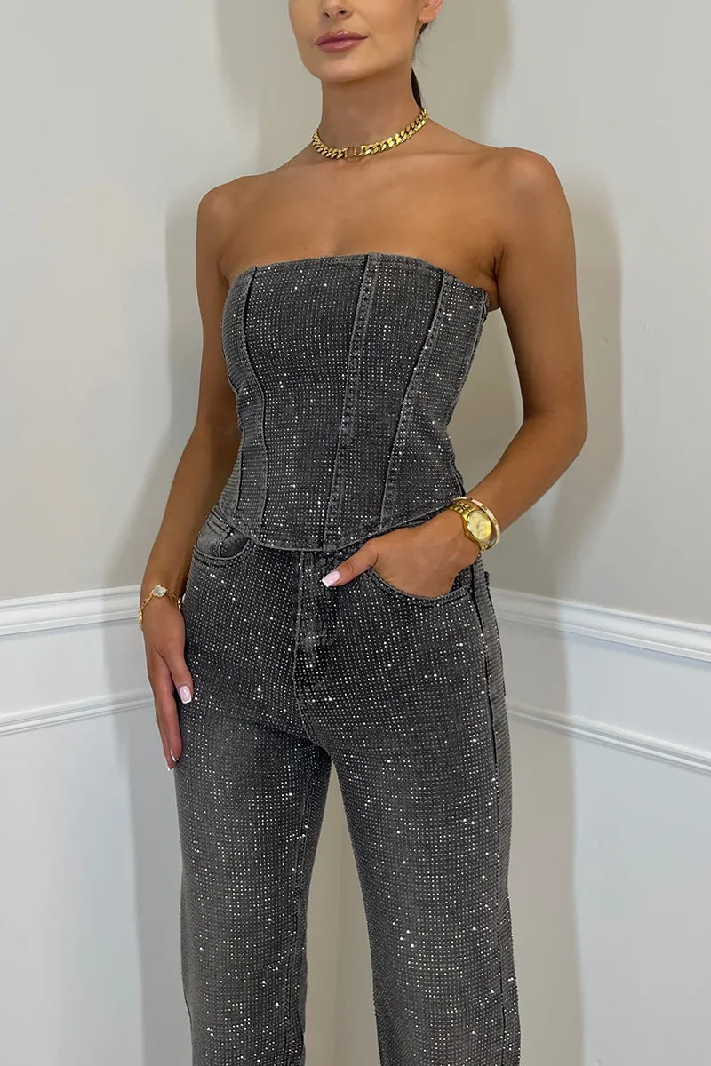 Women's Sexy Strapless Glitter Top & Beaded Pants Two-Piece Set 8