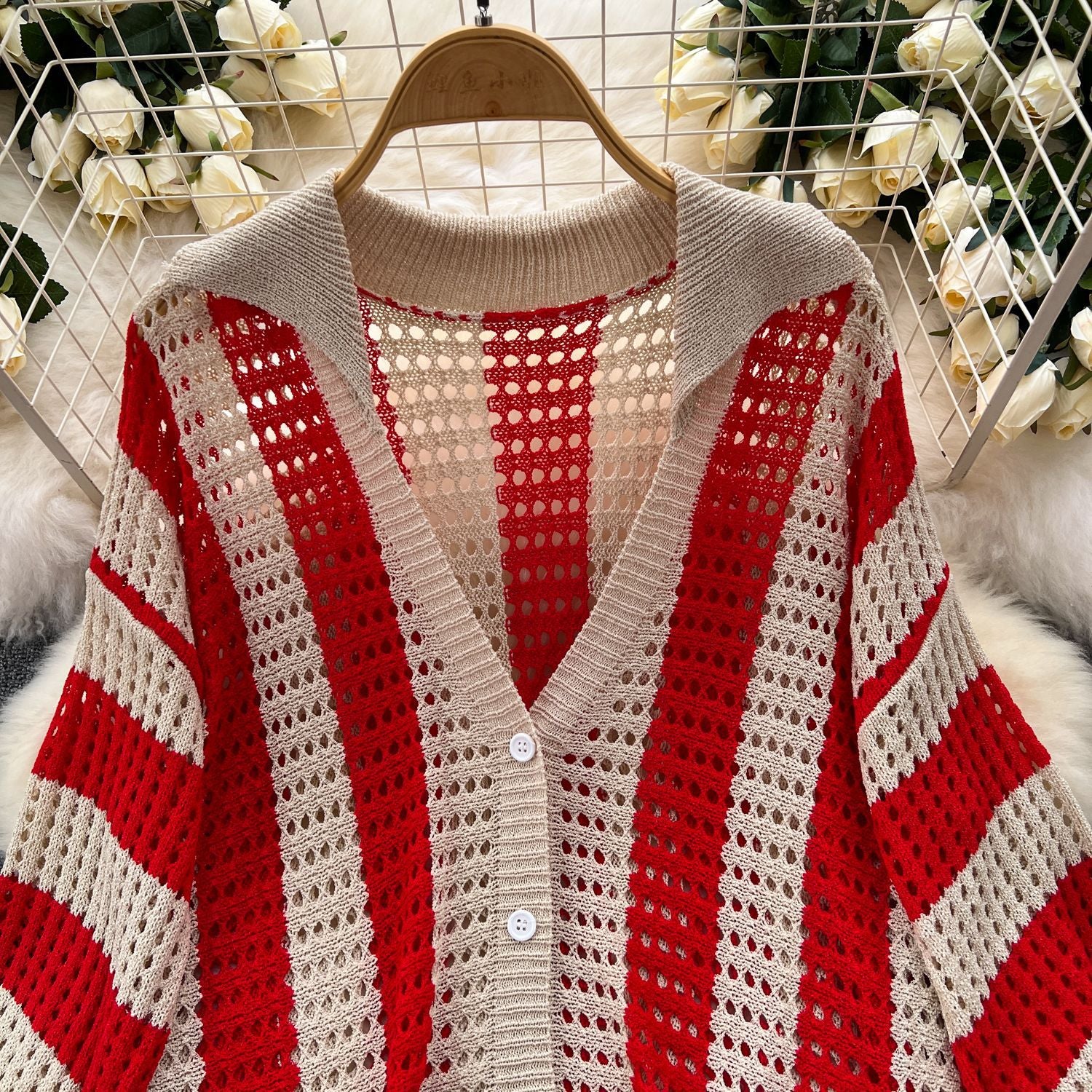 Women's Summer V-Neck Loose Knit Cardigan Top + Wide-Leg Pants Set Color-Block Striped Hollow-Out Outfit 21