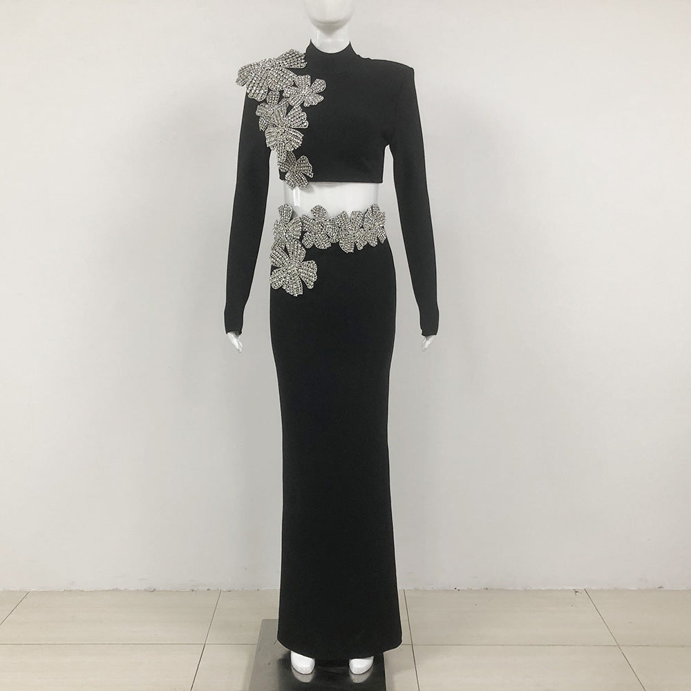 Women Sexy Elegant Beaded Long Sleeve Top and Long SkirtTwo Piece Set 3