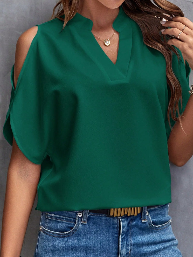 Women's Summer Solid Color V-Neck Cutout Short Sleeves Chic Fashion Women's Top 8