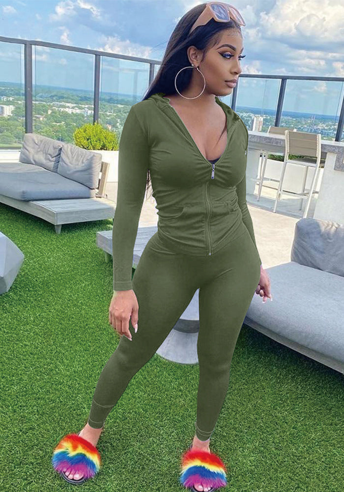 Women Summer Sports Hooded Full Sleeves Solid Pockets Regular Two Piece Pants Set