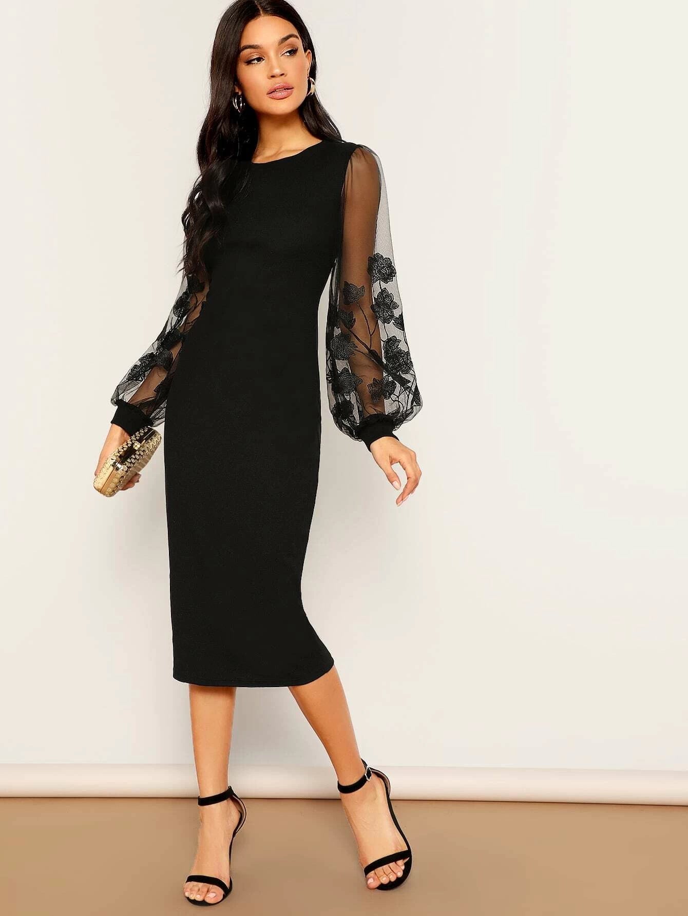Elegant Mesh Lantern Sleeve Midi Dress
