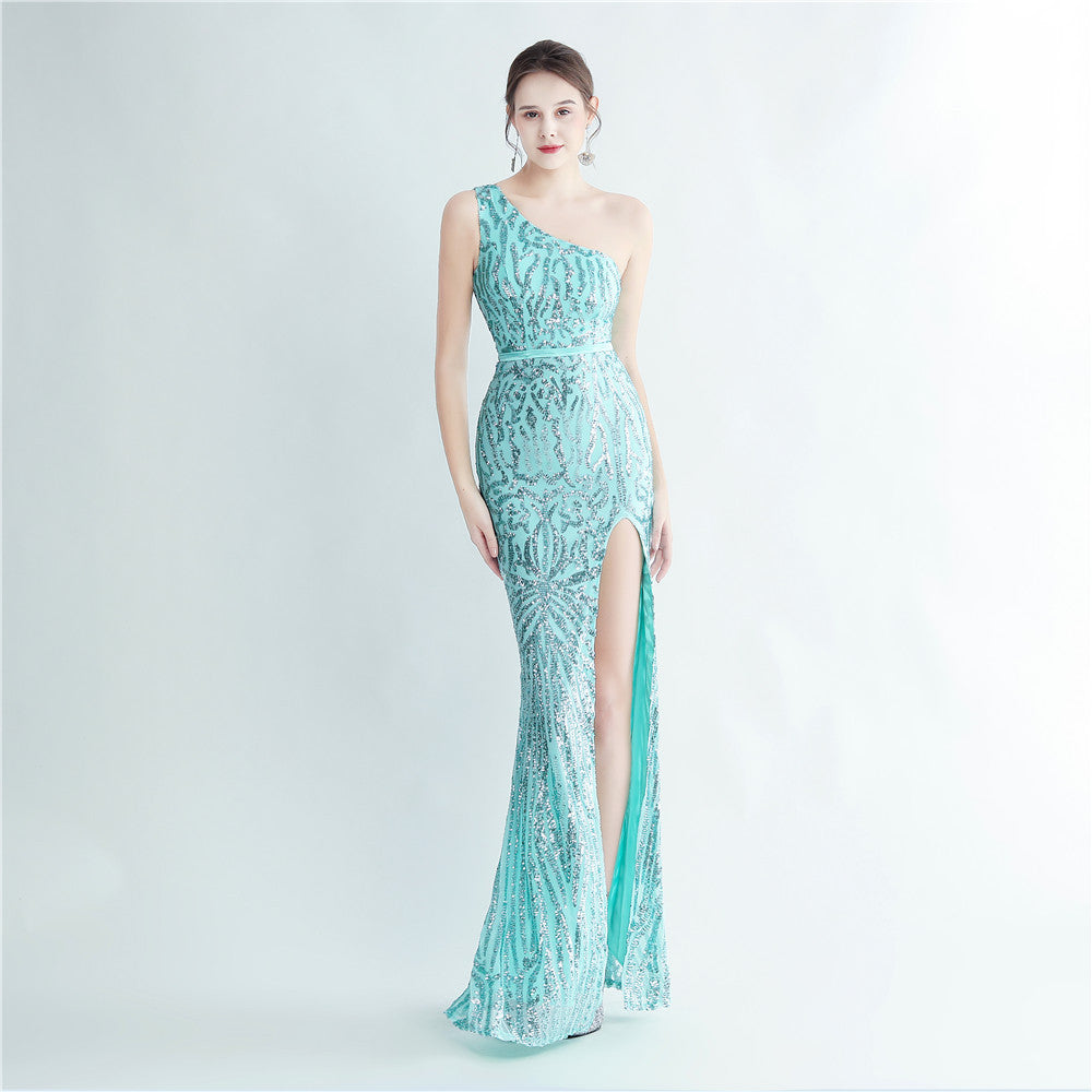 Positional Sequin One Shoulder Side Slit Long Evening Gown 20