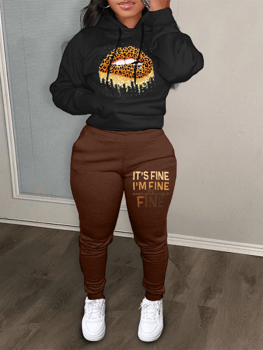 Casual Color Block Tracksuit Letter Printed Hoodies Sweatpants Two Piece Set 9