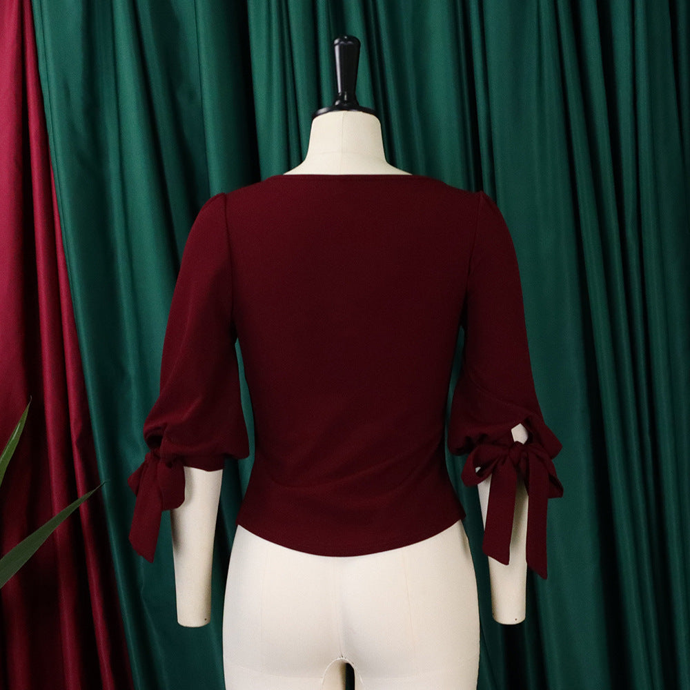 Women's Spring Fashion Chic Slim Fit Solid Lace-Up Bubble Sleeve Shirt 9