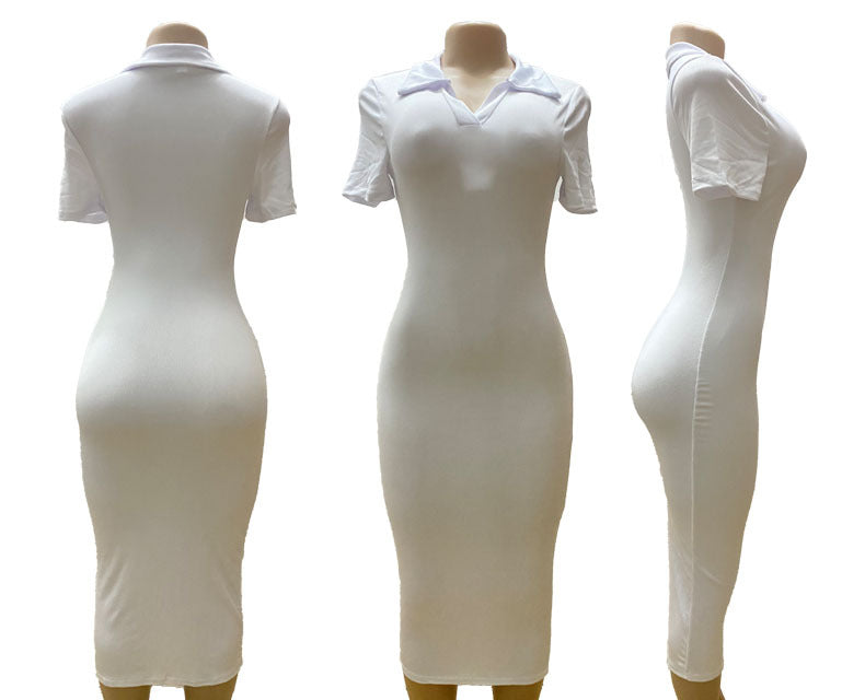 Women Summer Turndown Collar Short Sleeve Sexy Solid Bodycon Dress 13