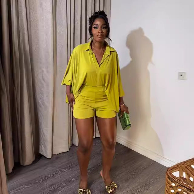 Sexy Solid Color Bat Sleeves Loose Shirt Shorts Two Piece Set 3