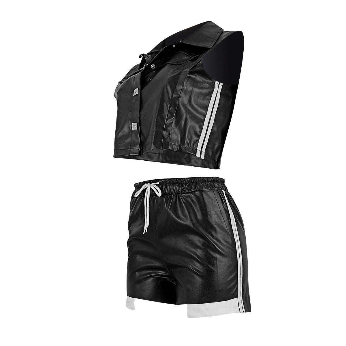 Women's Fashion Single-Breasted Pu Sleeveless Top Pocket Shorts Two-Piece Set 8