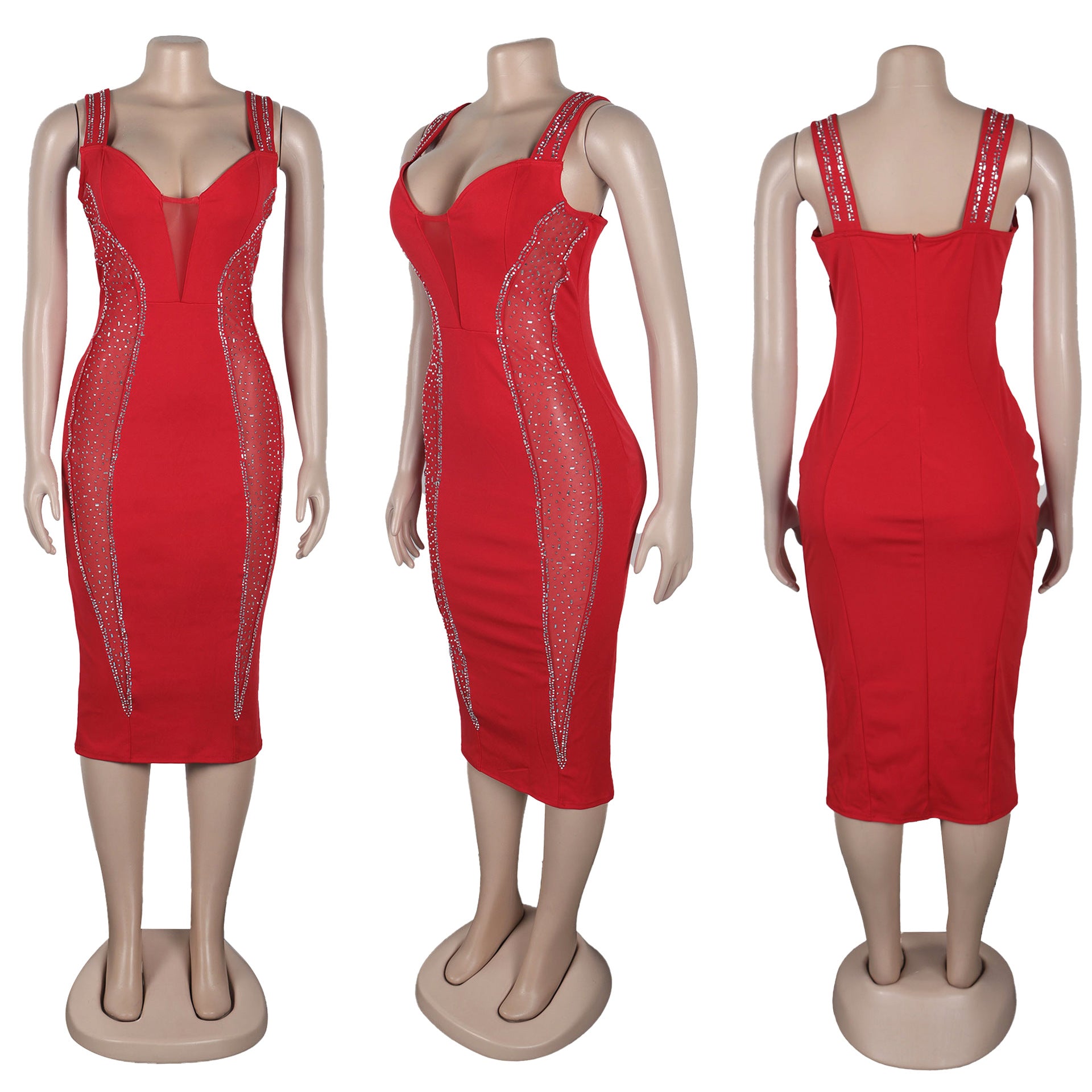 rhinestone hollow see-through slim-fitting strap dress 16