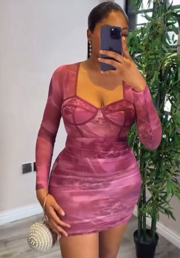 Women Mesh See-Through Sexy Pleated Bodycon Long Sleeve Dress