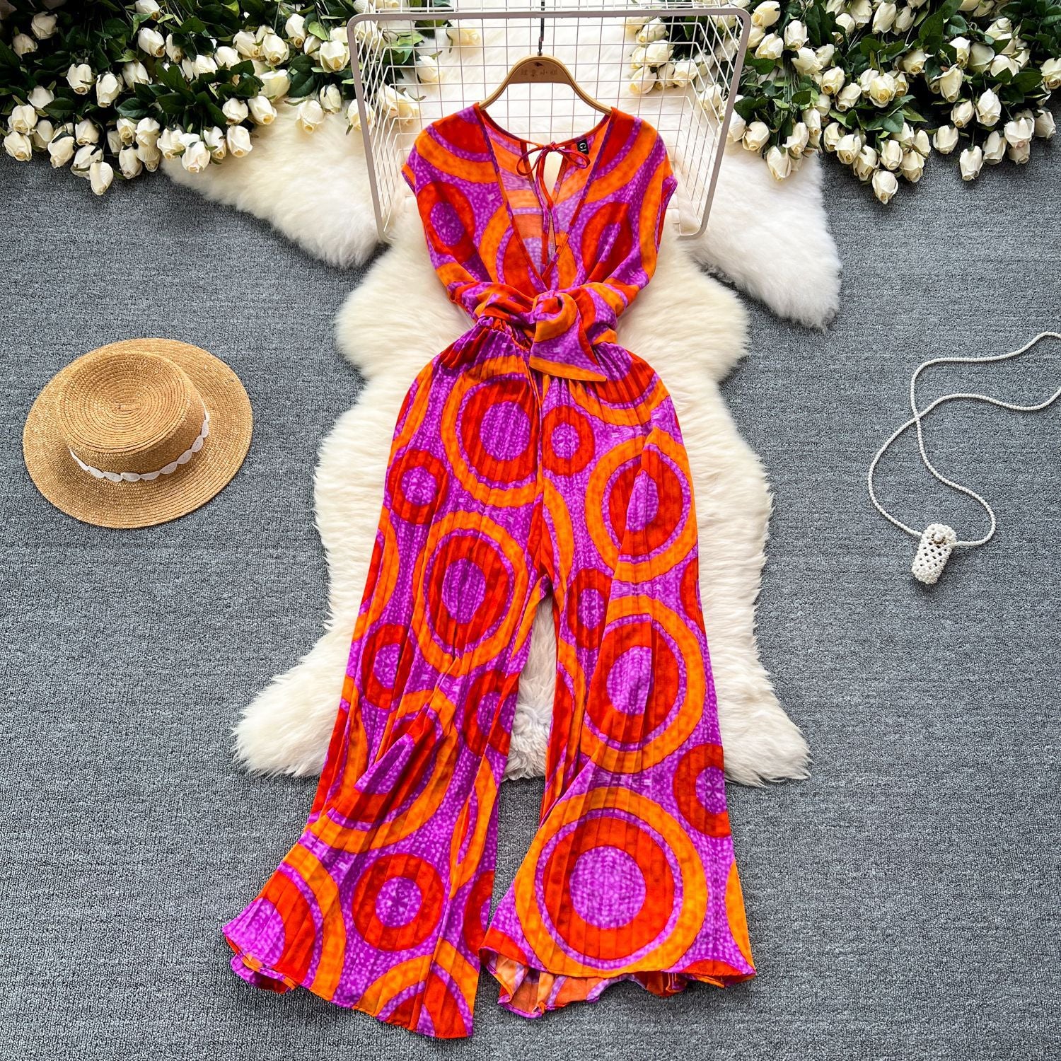 Women Holidays Sleeveless V-neck Lace-Up Printed Wide Leg Pleated Jumpsuit 14