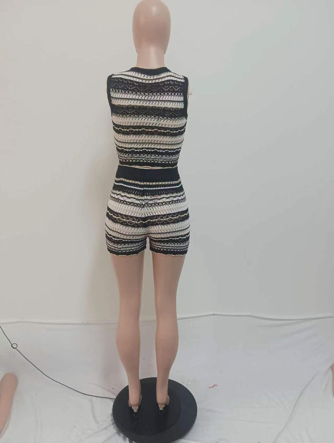 Summer Women's Striped Sleeveless Sweater Shorts Fashion Two Piece Set 4