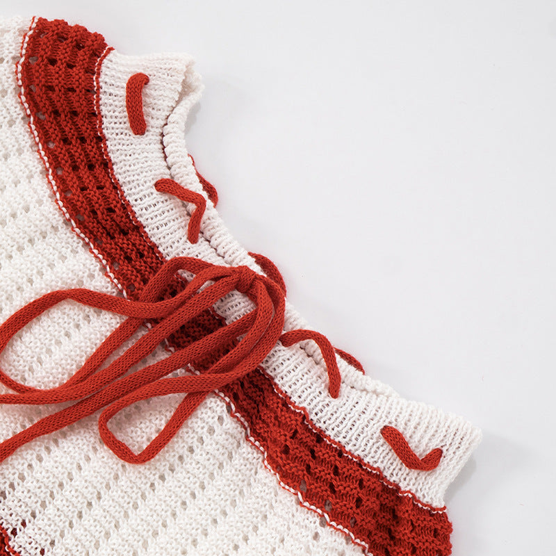 Summer Women's Fashion Knitting Drawstring Contrast Stripes Strapless Two-Piece Shorts Set 10