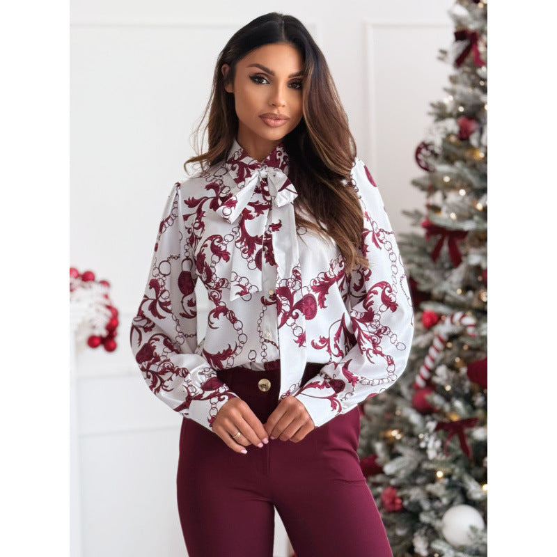 Printed Long Sleeve Bow Tie Shirt Women's Top 6