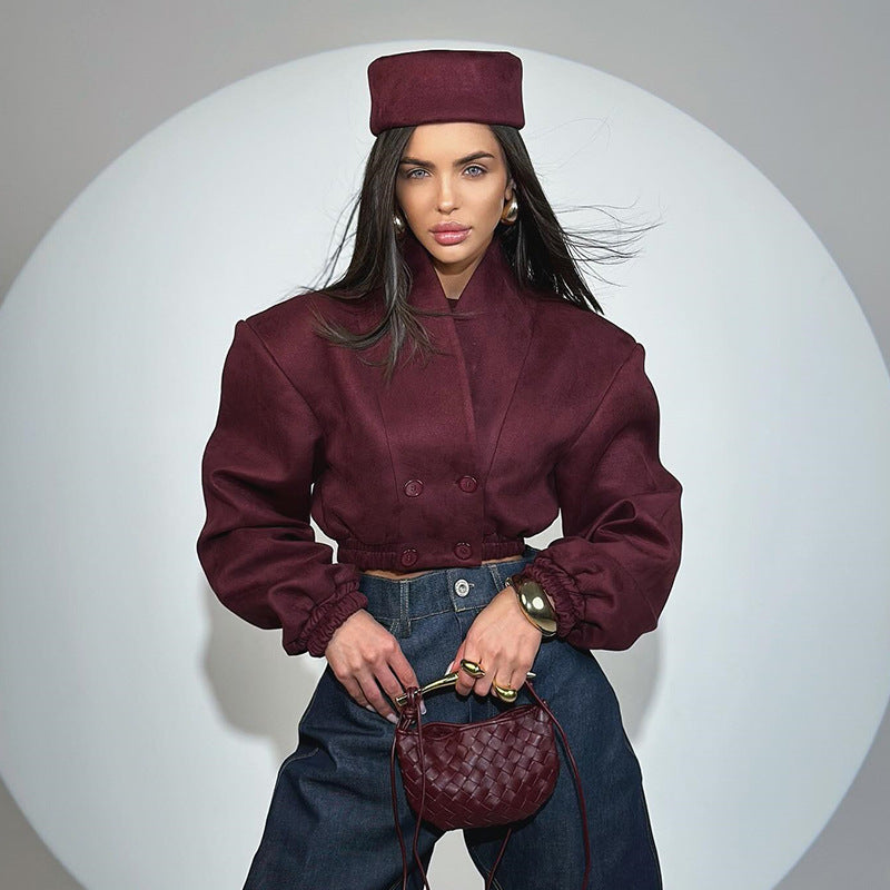 Women Spring Burgunry V-neck Long Sleeve Crop Jacket 6