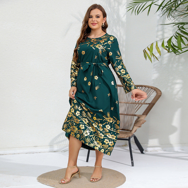 Plus Size Women Ethnic Loose Shiny Printed Long Sleeve Maxi Dress 4