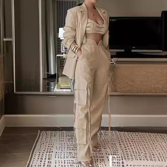 Women Fashion Solid Casual Blazer and Pant Two-piece Set 4