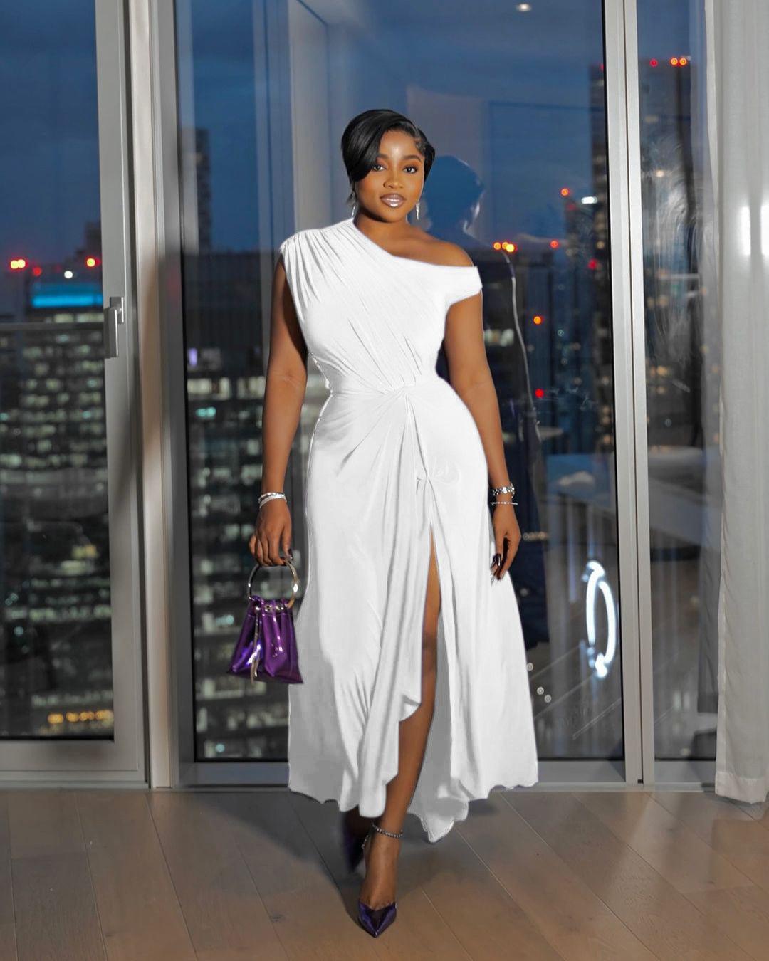 Summer African Women's Solid Color Slash Shoulder Slim Waist Evening Dress 6