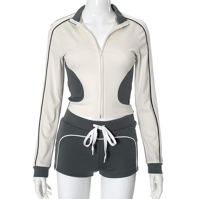 Women Stand Collar Fitness Sports Top and Shorts Two-Piece Set 7