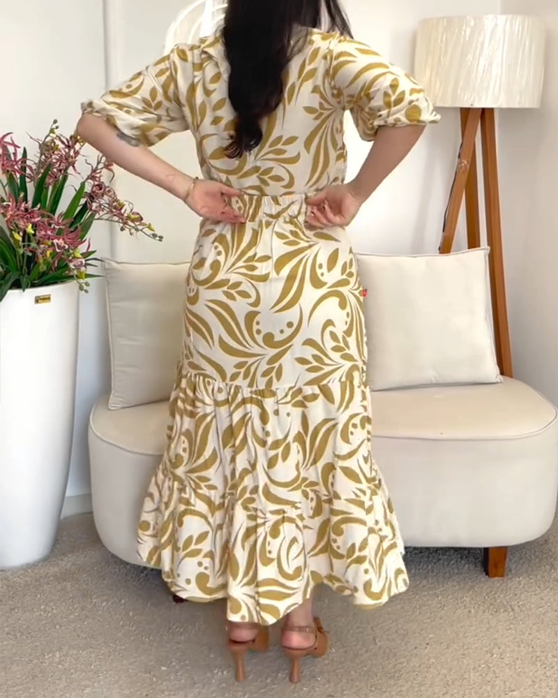 Women's Print Short Sleeve Top Maxi Ruffle Maxi Skirt Set 5