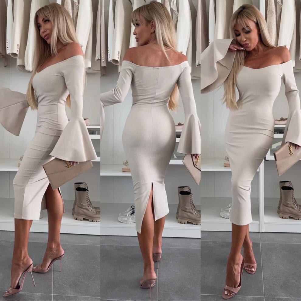 Solid Color Off-Shoulder Bell Sleeve Dress