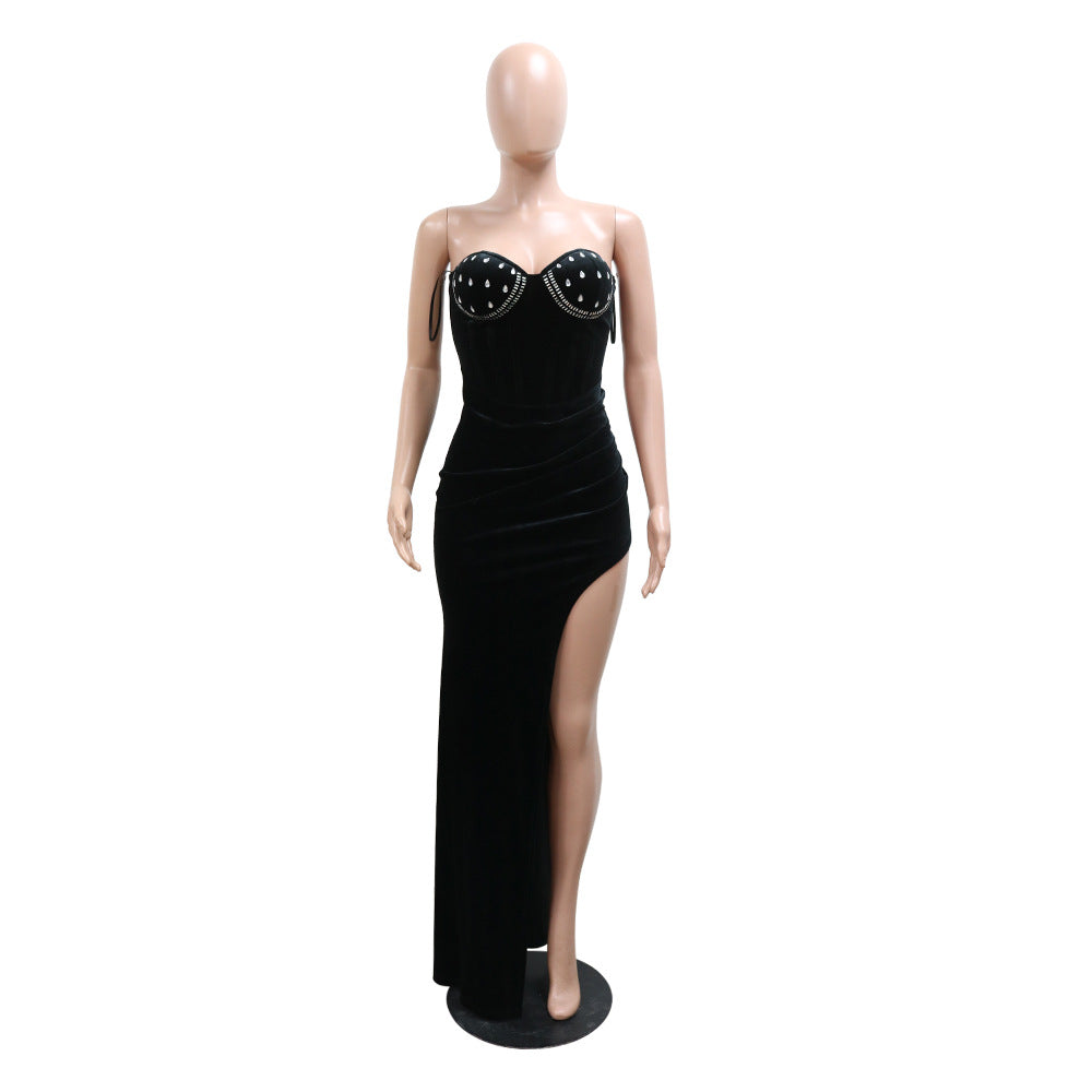Fashion Sexy Strapless High Slit Solid Color Beaded Dress For Women 9