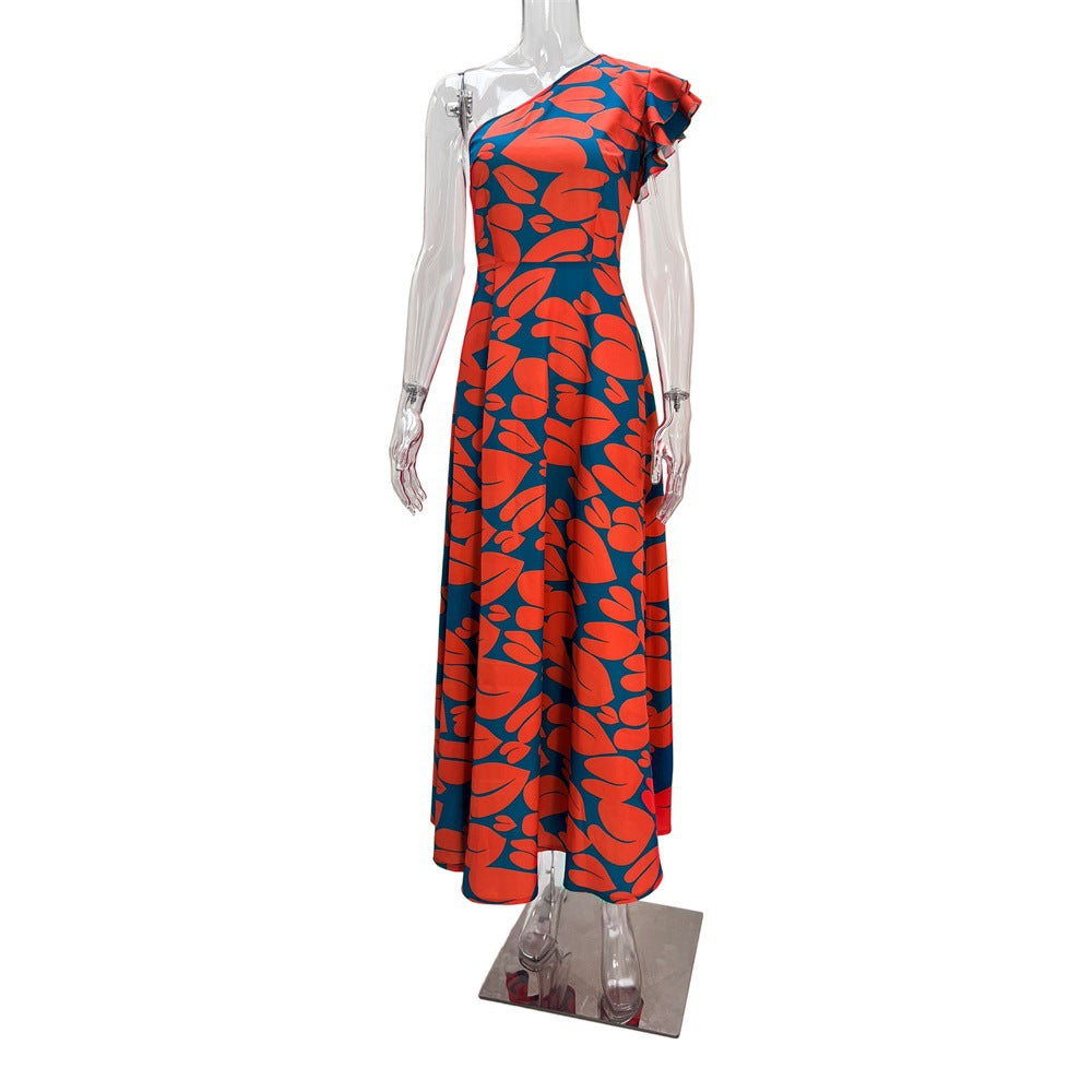 Spring Summer One Shoulder Low Back Chic Printed High Waist Long Dress 9