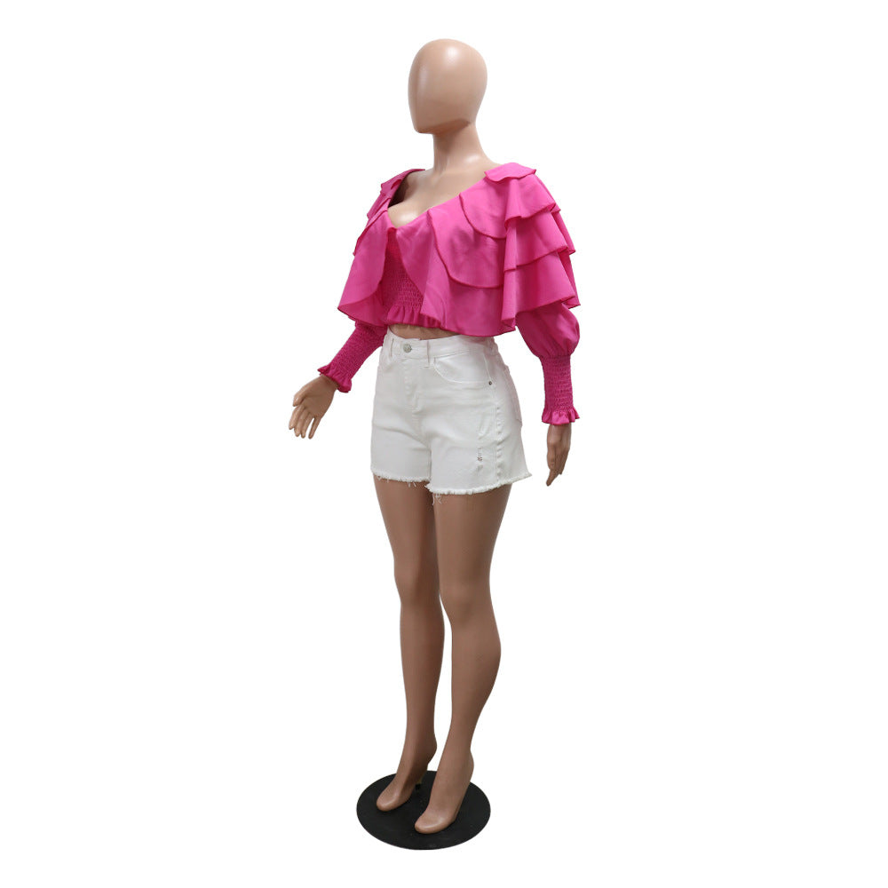 Fashion Sexy Solid Color  V-Neck Long Sleeve Ruffled Layer Top 9