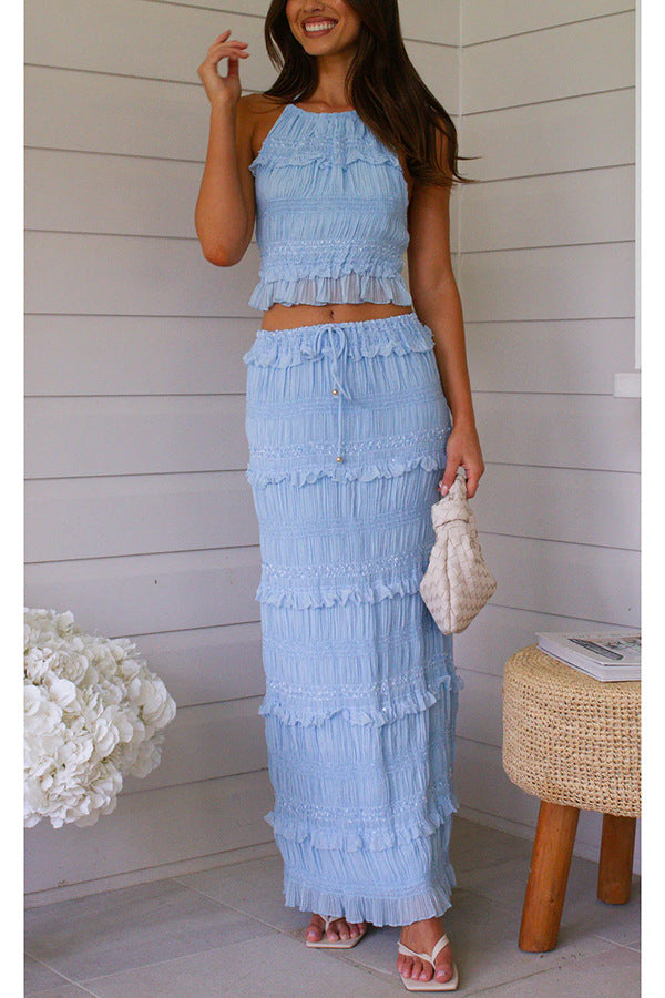 Women Spring Summer Sleeveless Chiffon Top and Skirt Two-piece Set 3