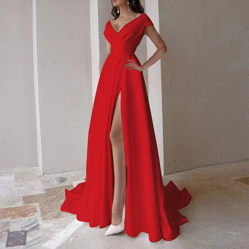 Women’s Chic Eveningwear Off Shoulder Solid Color Slit Maxi Dress 3