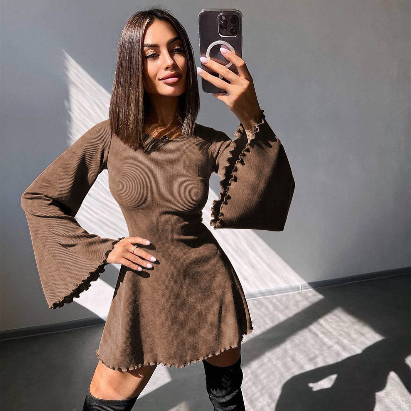 Women's Autumn Fashion Sexy Short Bell Sleeve Round Neck Hollow-Out Lace-Up Dress 3