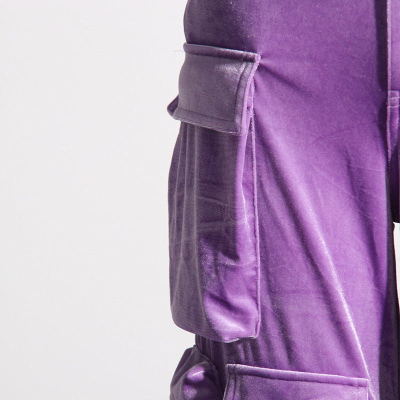 Women Fall Patchwork Pocket  Velvet Pants Straight Leg Cargo Pants 16