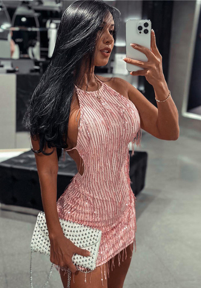 Women Sexy Halter Neck Backless Sequined Tassel Dress