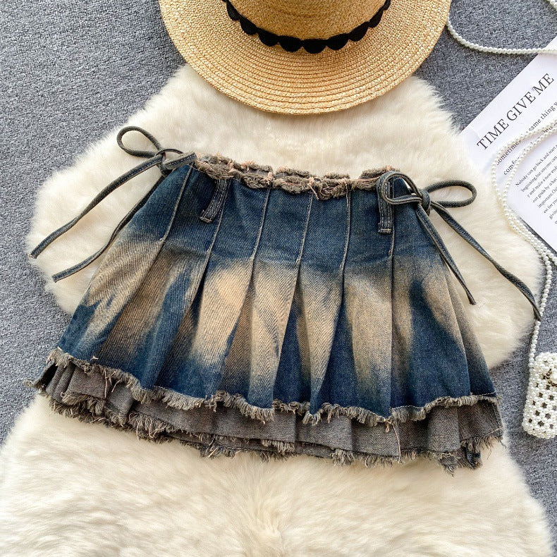 Women Vintage Pleated Bow Denim Skirt 4