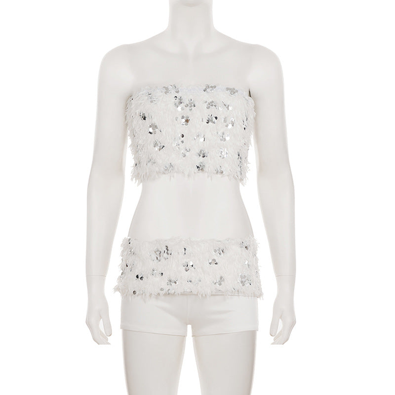 Women Sexy White Sequined Fur Patchwork Strapless Top and Shorts Two-Piece Set 6