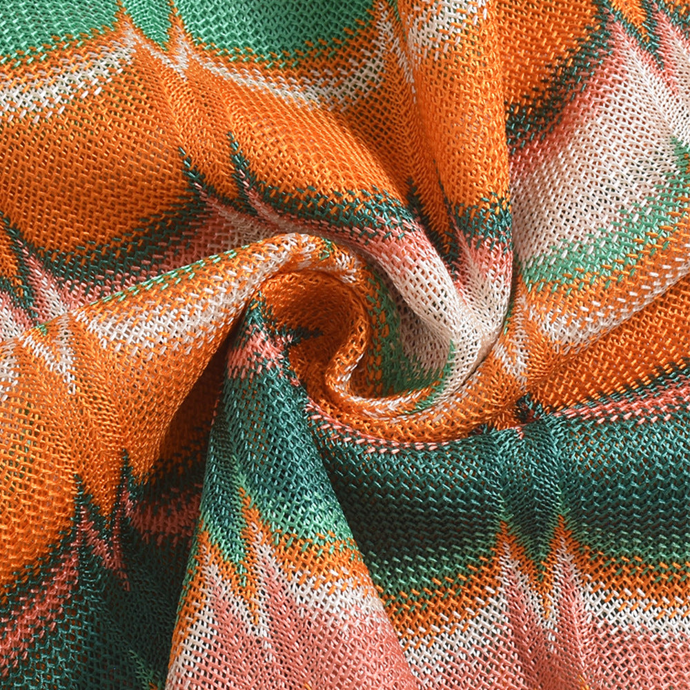 Women's Autumn Winter Sexy Crop Top Yarn-Dyed Multi-Color Skirt Set 16