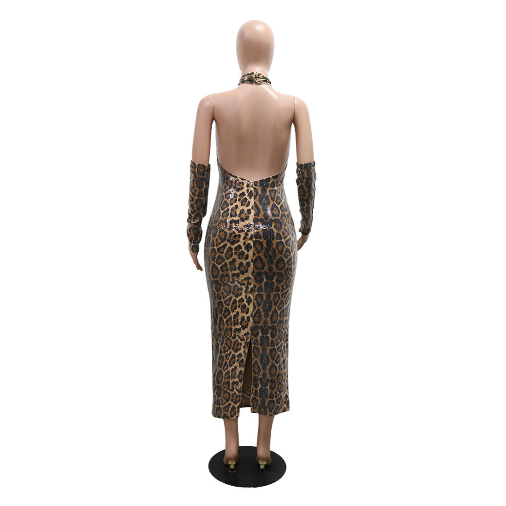Leopard Print Sexy Dress Sequins Hollow Halter Neck Low Back Split Sleeve Formal Party Gown 8